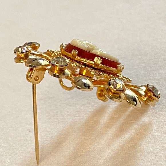 Cameo Brooch Victorian Revival Rhinestone Gold Tone Frame Lady Profile - Picture 6 of 10